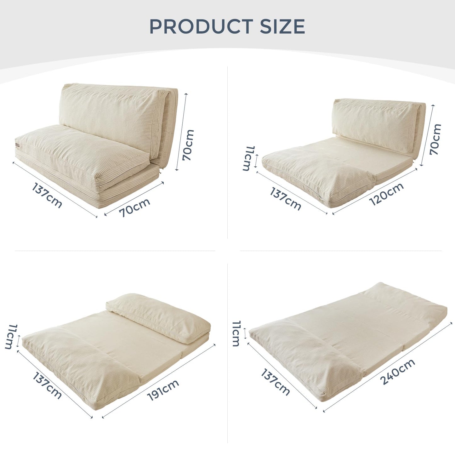 Faltbares Sitzsack-Bett, Cord-Bodenmatratze für Erwachsene, Beige, 135 x 240 cm