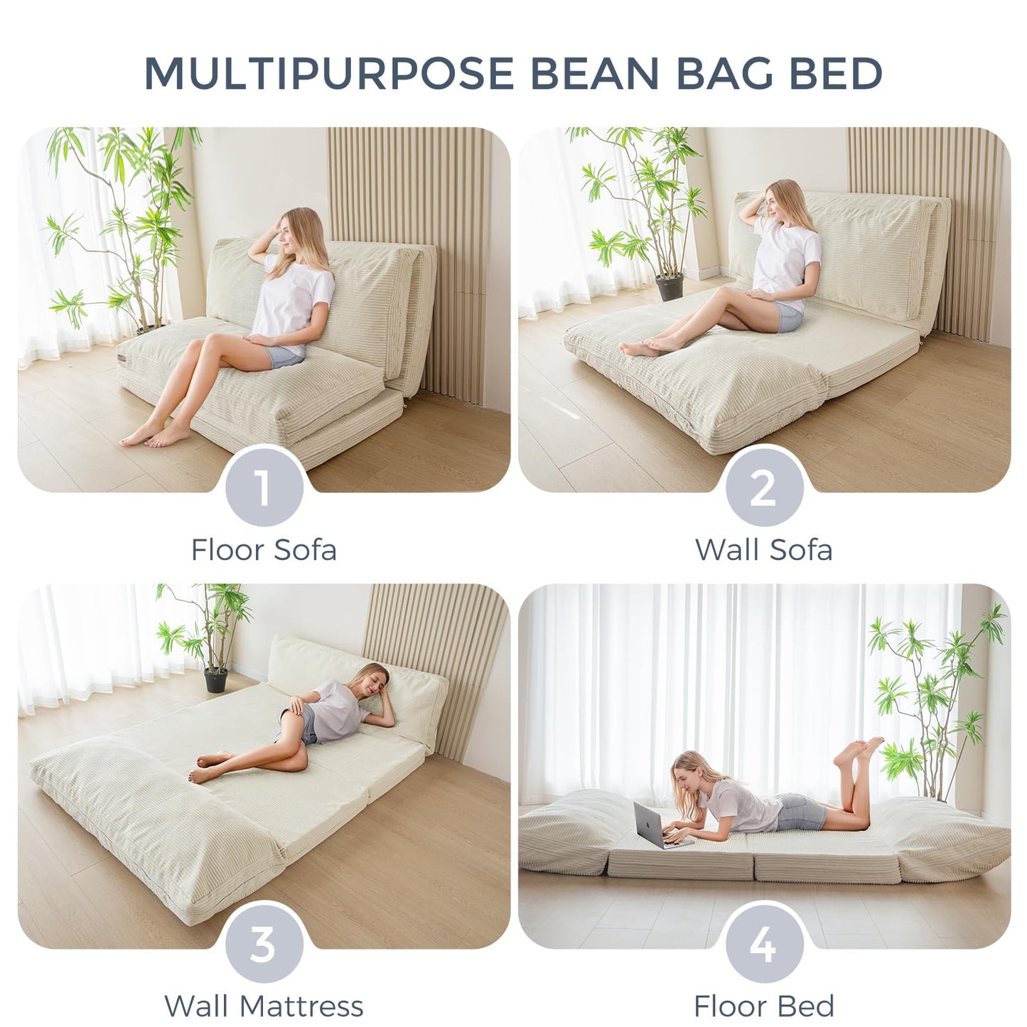 Faltbares Sitzsack-Bett, Cord-Bodenmatratze für Erwachsene, Beige, 135 x 240 cm