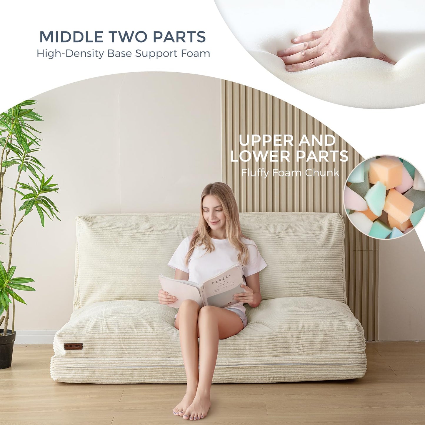 Faltbares Sitzsack-Bett, Cord-Bodenmatratze für Erwachsene, Beige, 135 x 240 cm