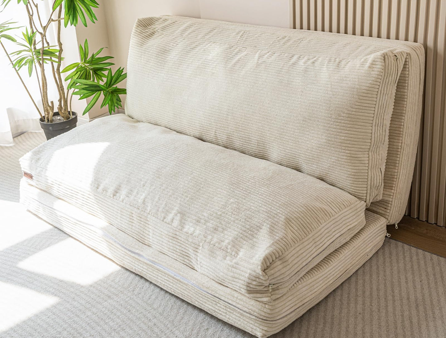 Faltbares Sitzsack-Bett, Cord-Bodenmatratze für Erwachsene, Beige, 135 x 240 cm